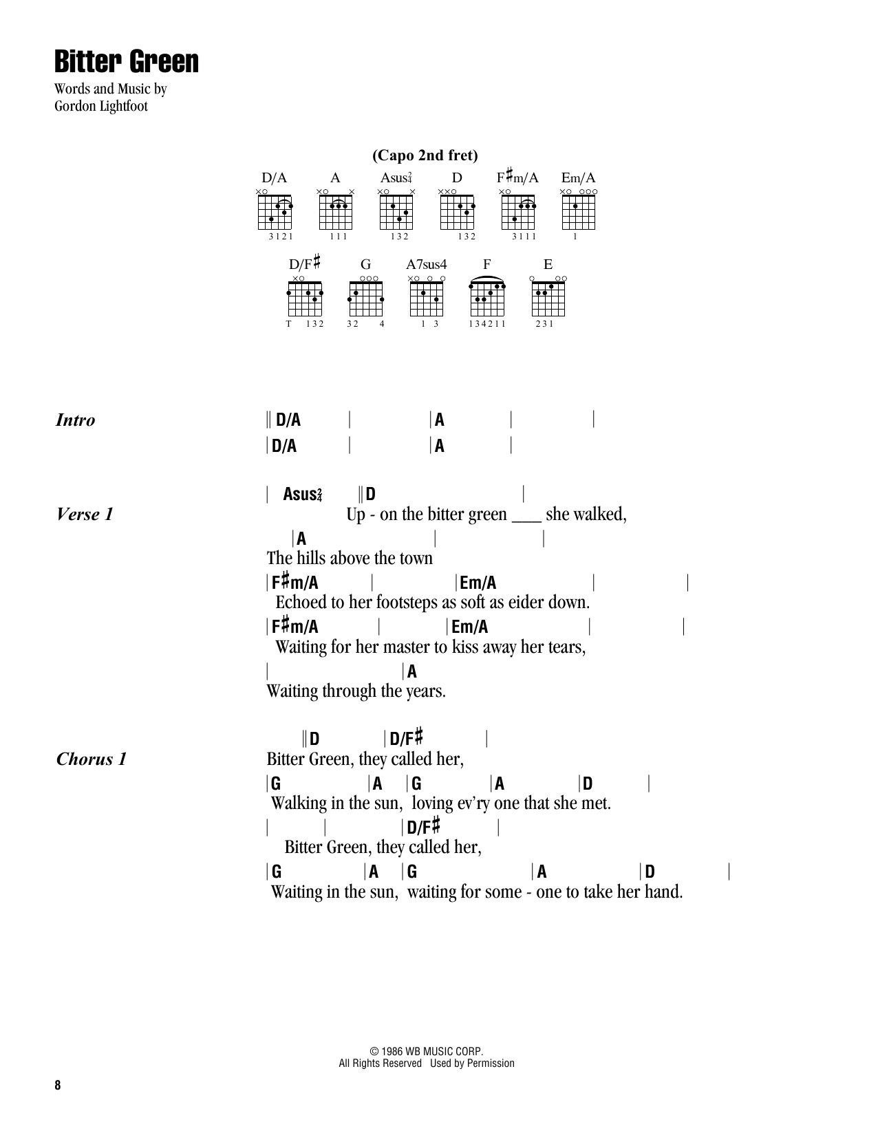 Gordon Lightfoot Bitter Green sheet music notes and chords. Download Printable PDF.