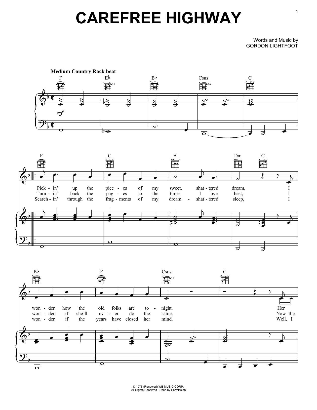 Gordon Lightfoot Carefree Highway sheet music notes and chords. Download Printable PDF.