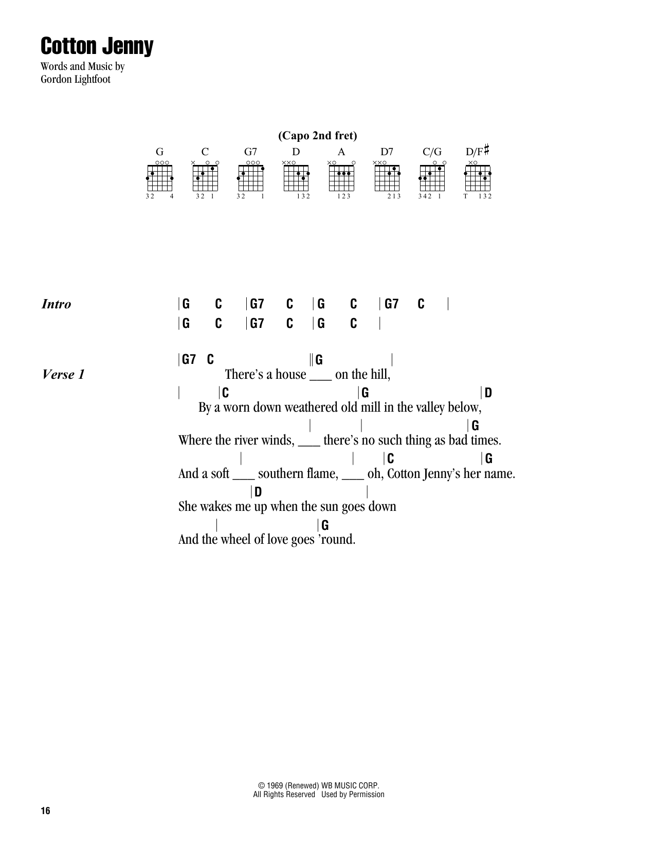 Gordon Lightfoot Cotton Jenny sheet music notes and chords arranged for Guitar Chords/Lyrics