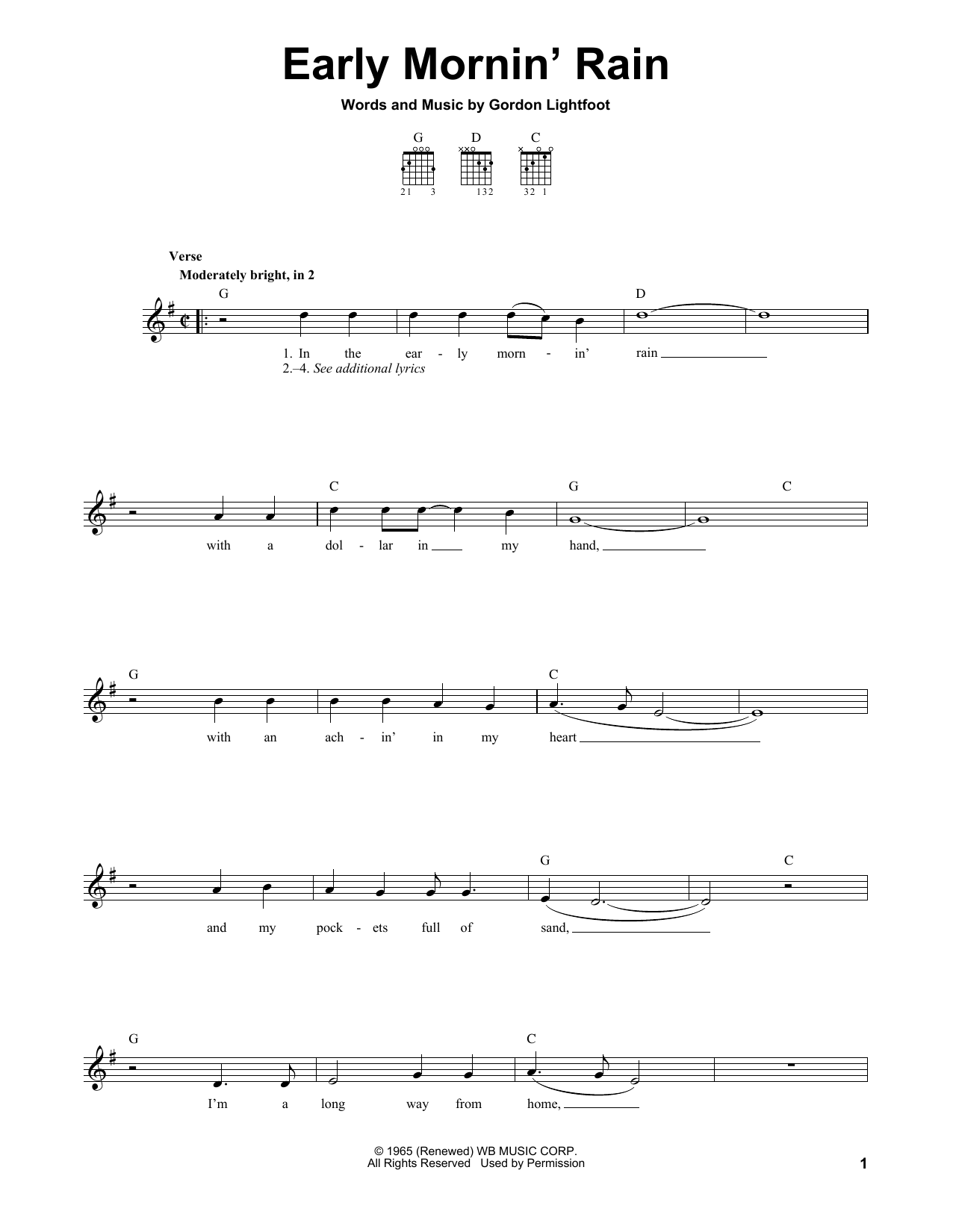 Gordon Lightfoot Early Mornin' Rain sheet music notes and chords. Download Printable PDF.