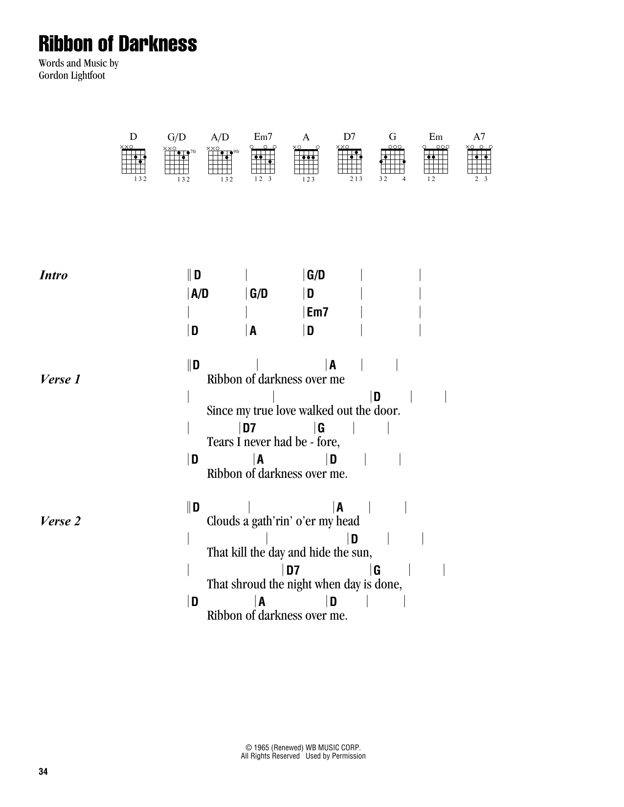 Gordon Lightfoot Ribbon Of Darkness sheet music notes and chords. Download Printable PDF.