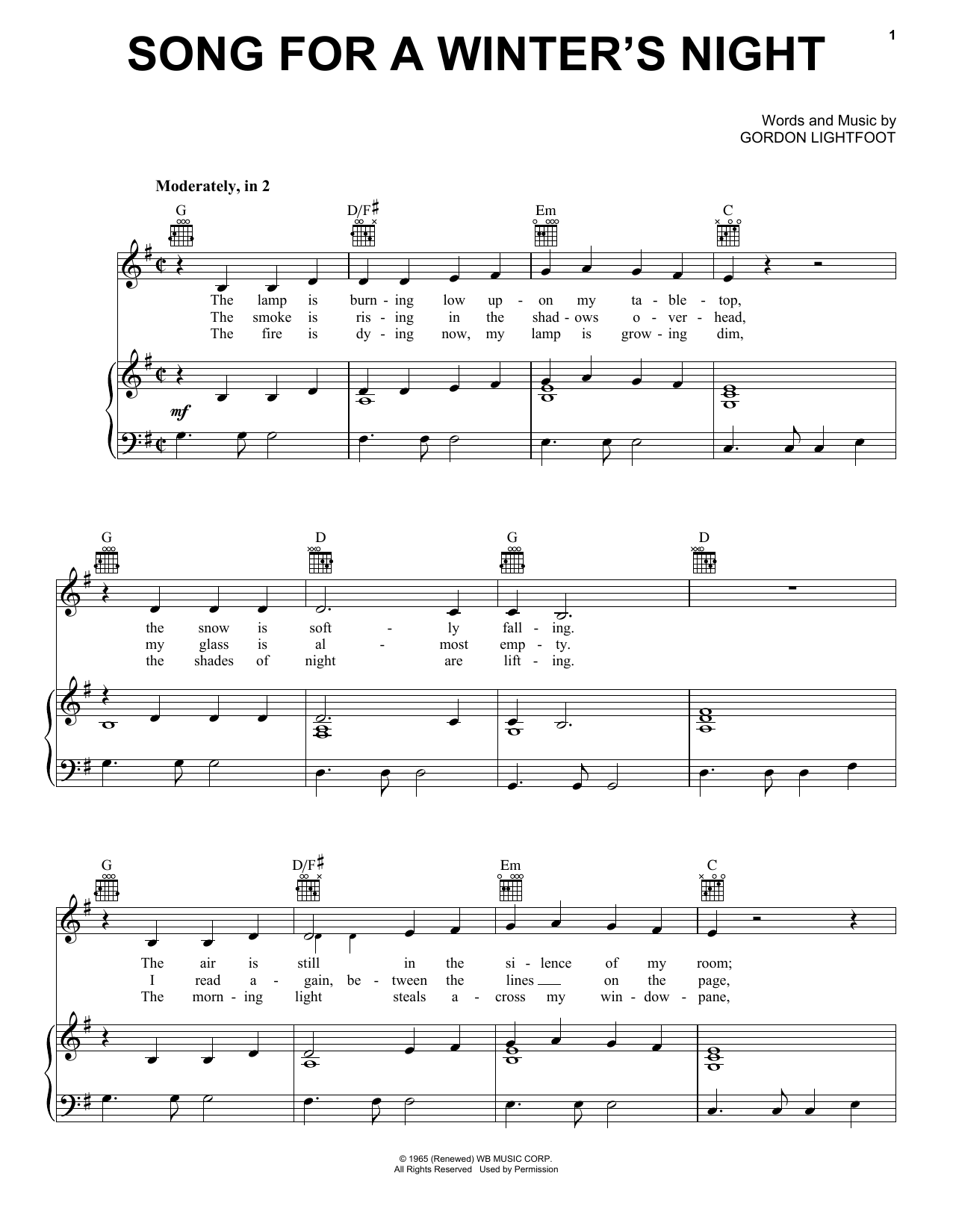 Gordon Lightfoot Song For A Winter's Night sheet music notes and chords. Download Printable PDF.