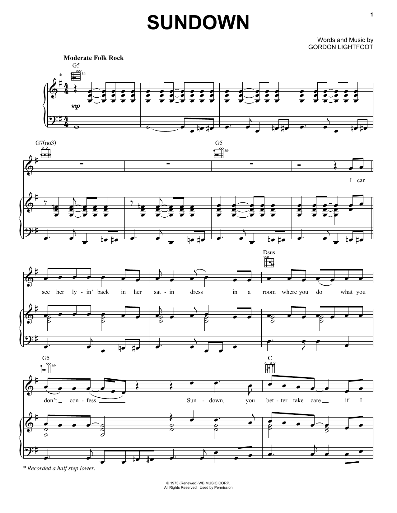 Gordon Lightfoot Sundown sheet music notes and chords. Download Printable PDF.