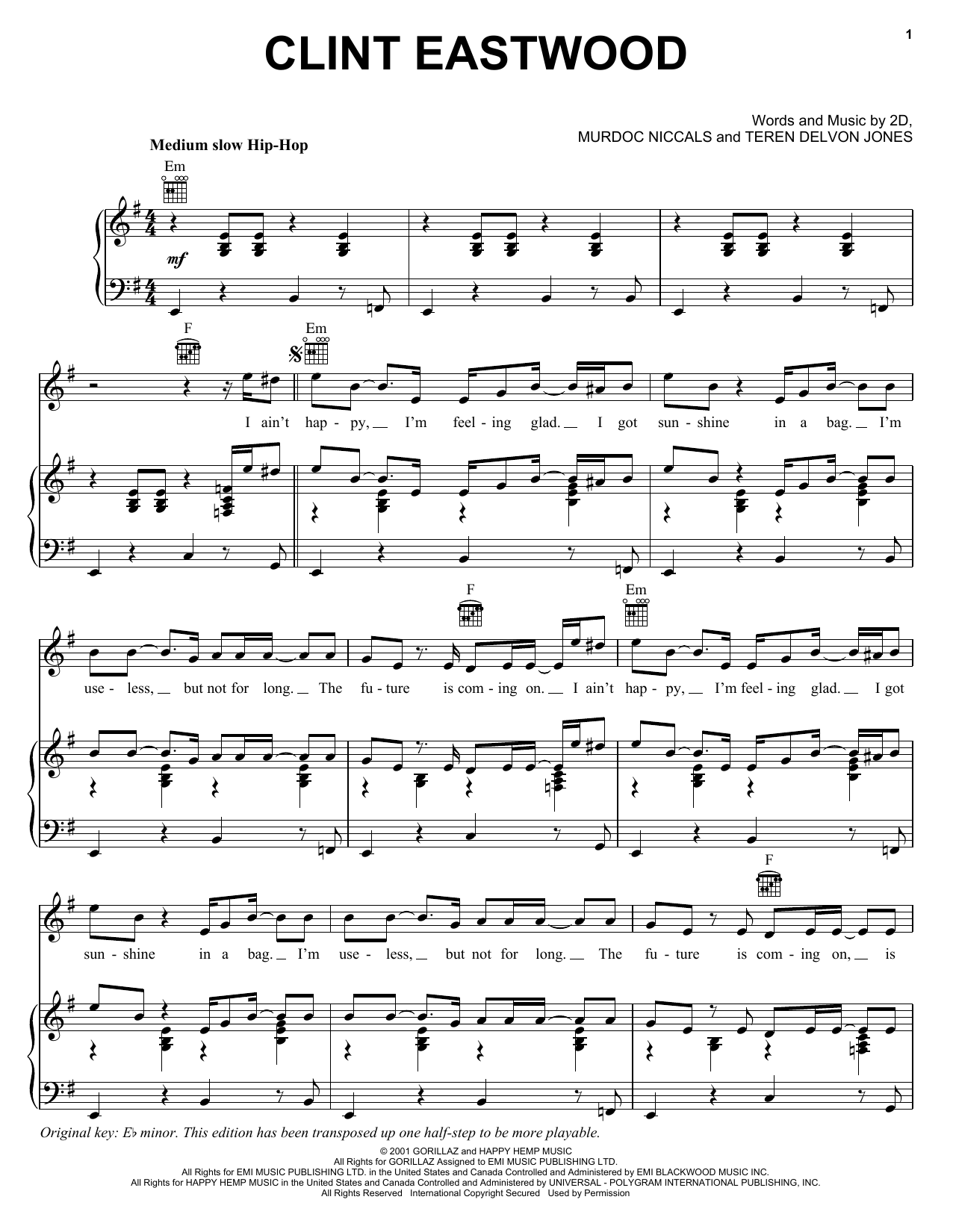 Gorillaz Clint Eastwood sheet music notes and chords. Download Printable PDF.