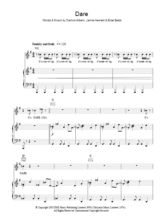Learn to play Gorillaz Dare sheet music for Piano, Vocal & Guitar Chords in minutes. Price: 7.8900$ Gorillaz Dare sheet music notes and chords arranged for Piano, Vocal & Guitar Chords