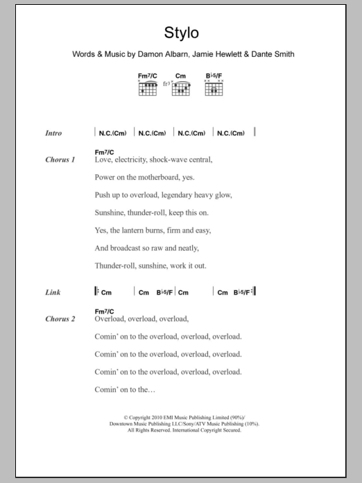 Gorillaz Stylo sheet music notes and chords. Download Printable PDF.