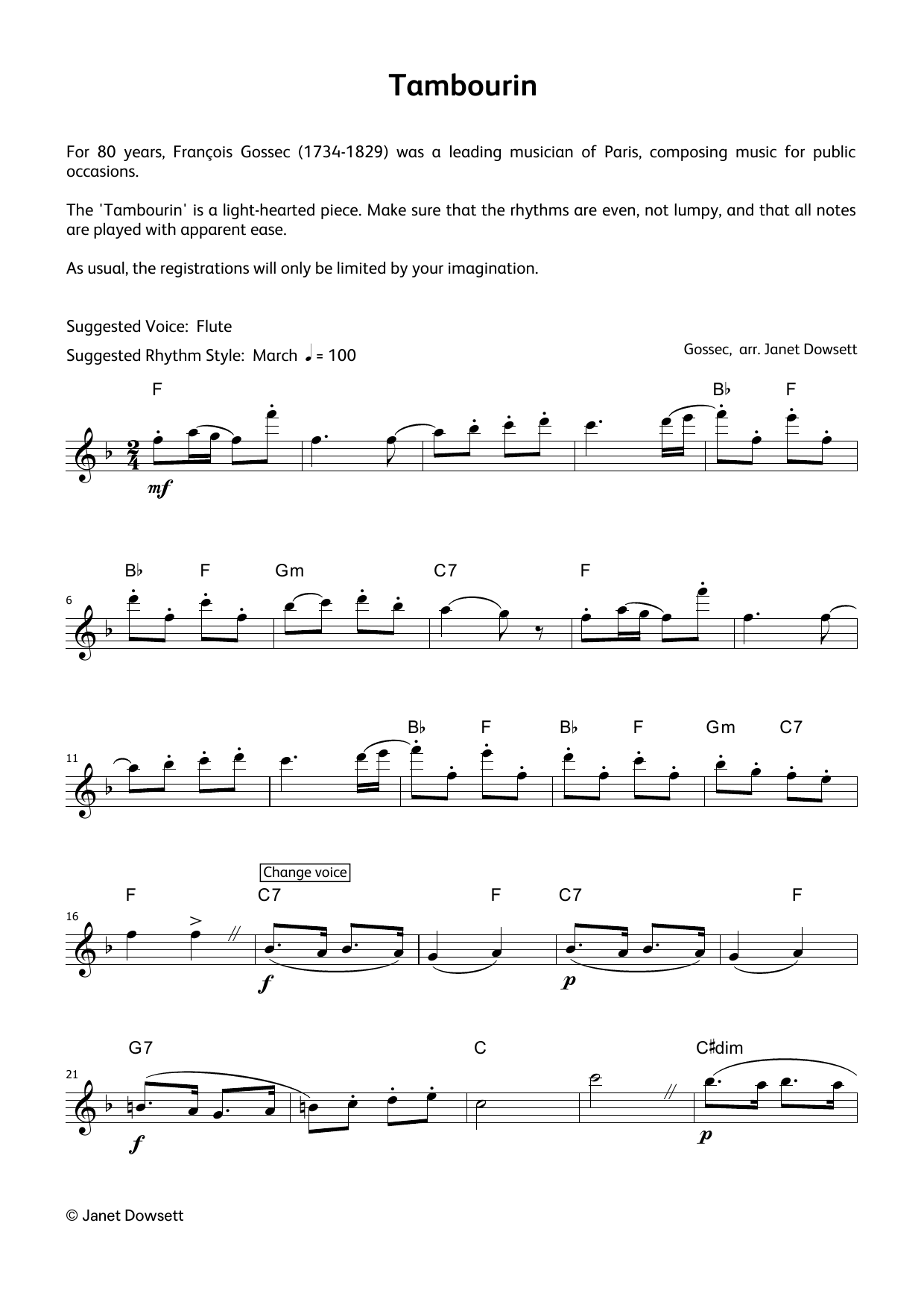 Gossec Tambourin (LCME Electronic Keyboard Grade 7 List B & C) sheet music notes and chords. Download Printable PDF.