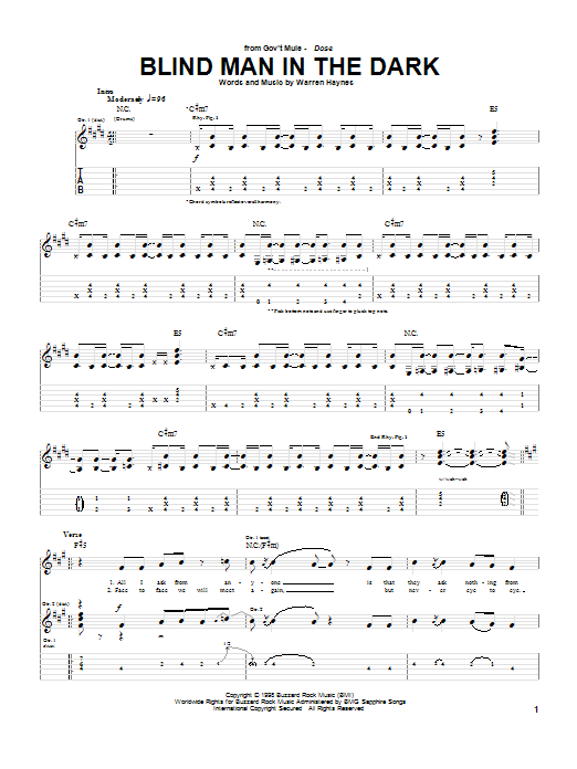 Learn to play Warren Haynes Blind Man In The Dark sheet music for Guitar Tab in minutes. Price: 7.8900$ Warren Haynes Blind Man In The Dark sheet music notes and chords arranged for Guitar Tab