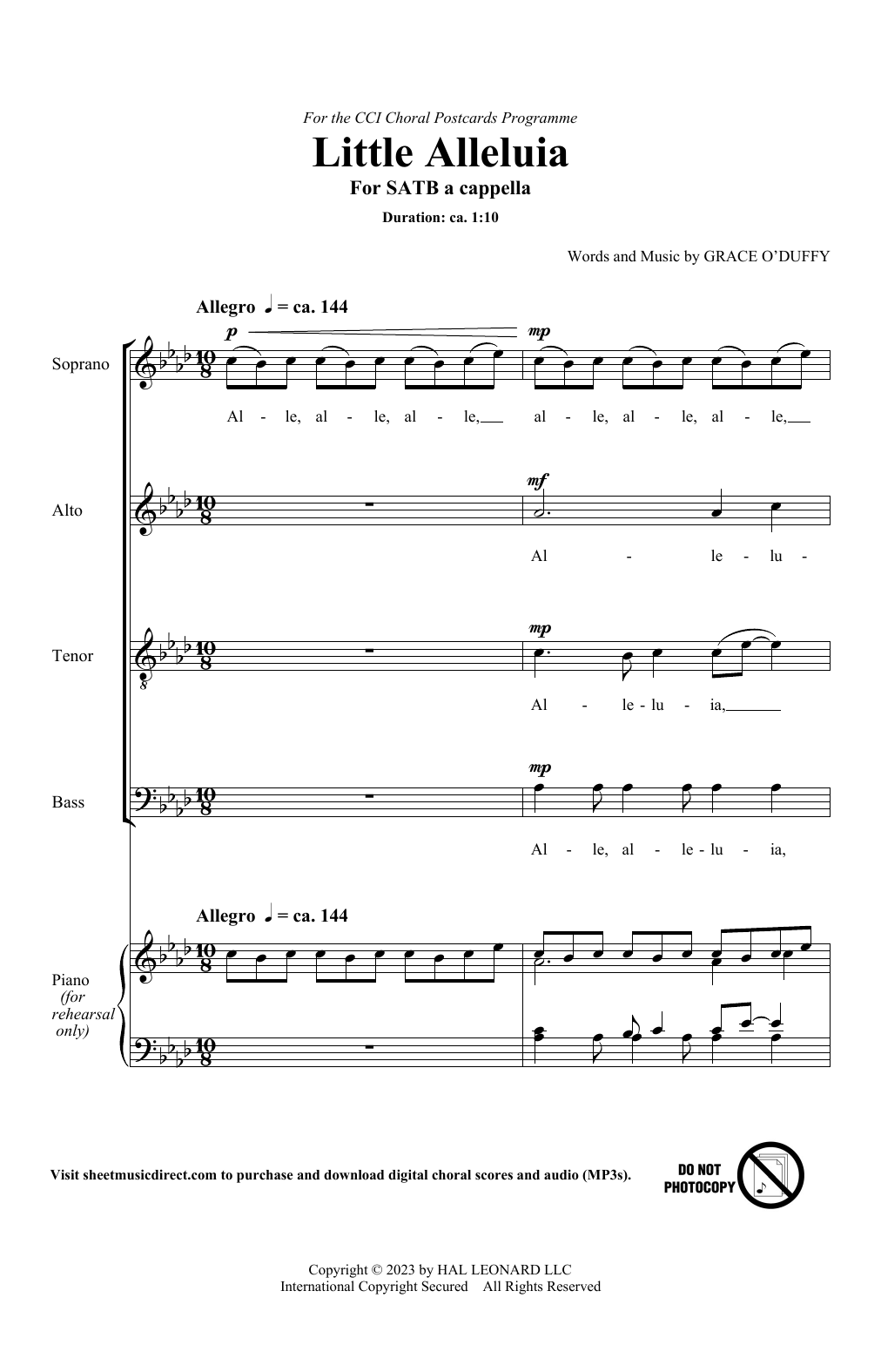 Learn to play Grace O'Duffy Little Alleluia sheet music for SATB Choir in minutes. Price: 3.9900$ Grace O'Duffy Little Alleluia sheet music notes and chords arranged for SATB Choir