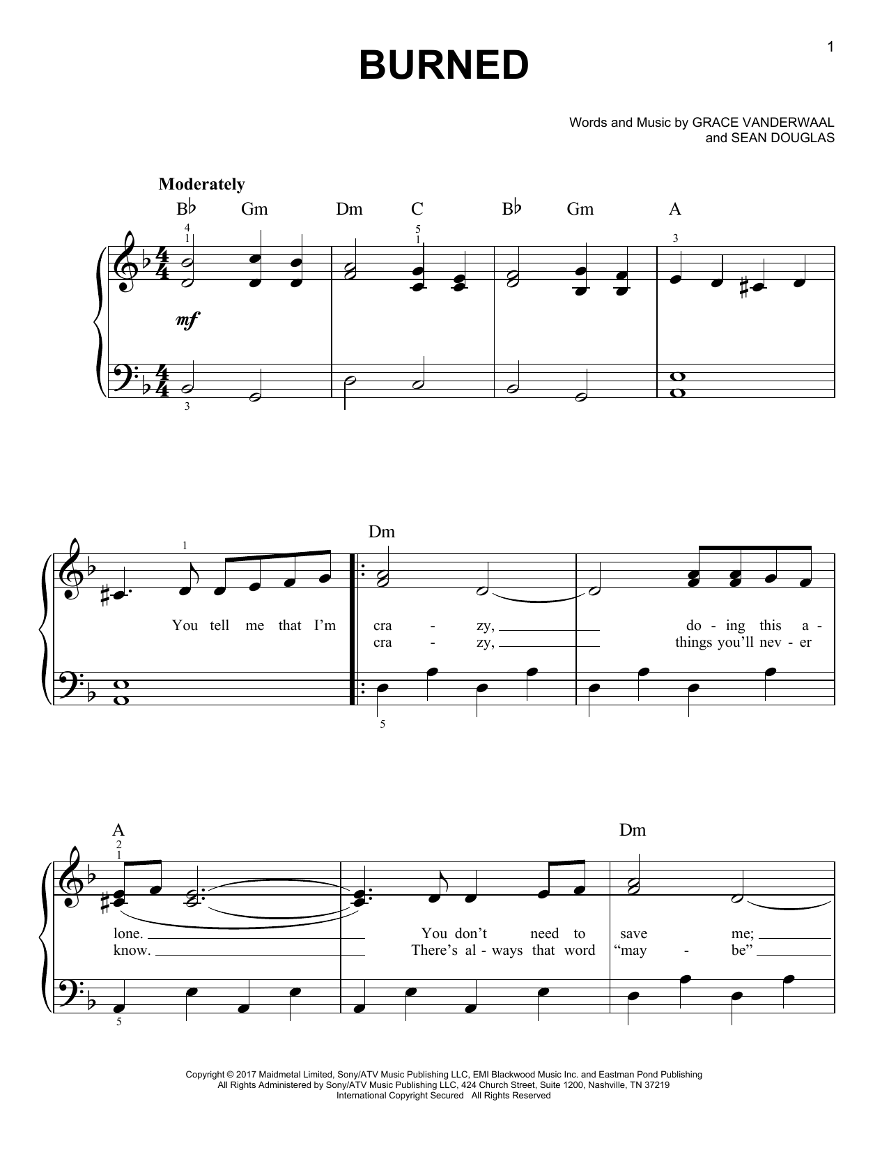 Learn to play Grace VanderWaal Burned sheet music for Easy Piano in minutes. Price: 6.9900$ Grace VanderWaal Burned sheet music notes and chords arranged for Easy Piano