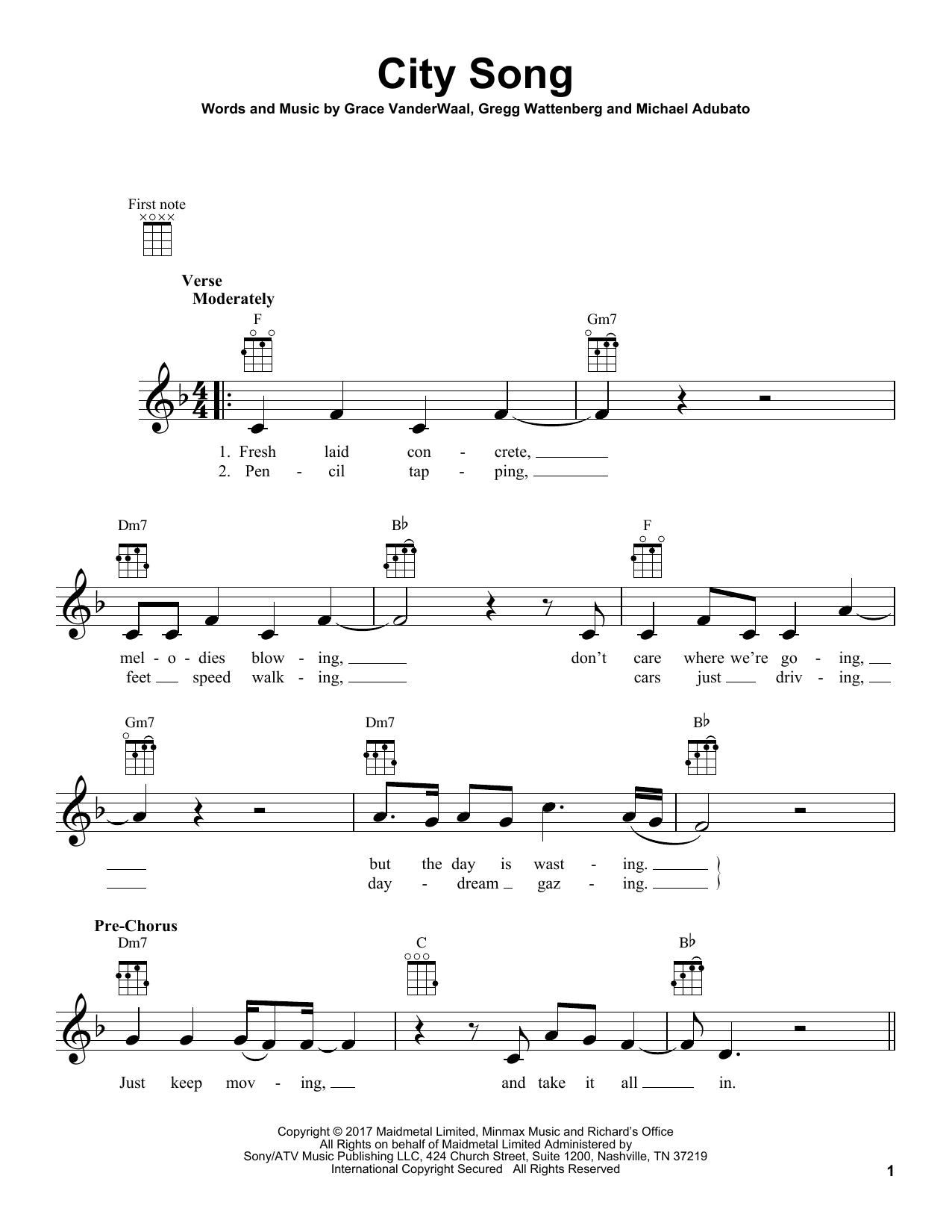 Learn to play Grace VanderWaal City Song sheet music for Ukulele in minutes. Price: 5.9900$ Grace VanderWaal City Song sheet music notes and chords arranged for Ukulele