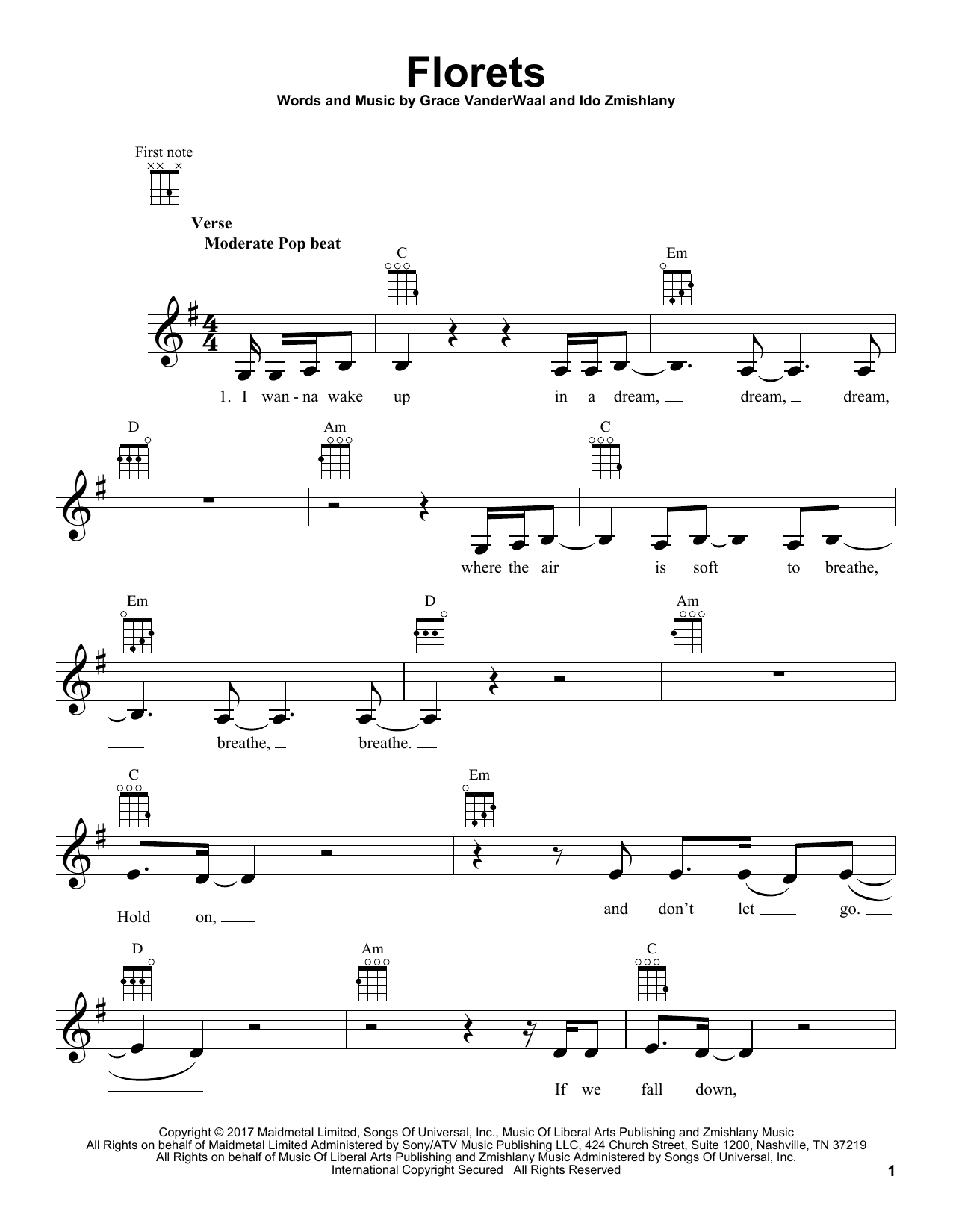 Learn to play Grace VanderWaal Florets sheet music for Ukulele in minutes. Price: 5.9900$ Grace VanderWaal Florets sheet music notes and chords arranged for Ukulele