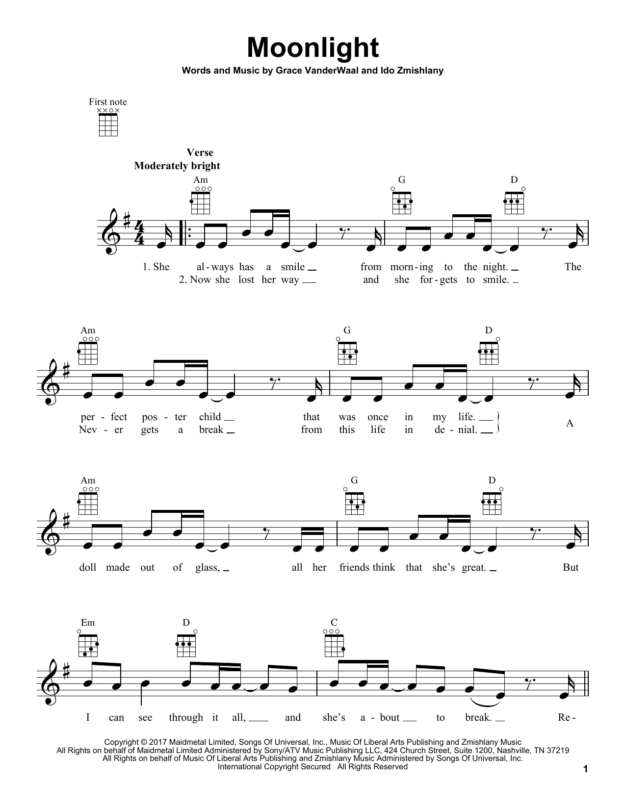 Learn to play Grace VanderWaal Moonlight sheet music for Ukulele in minutes. Price: 5.9900$ Grace VanderWaal Moonlight sheet music notes and chords arranged for Ukulele