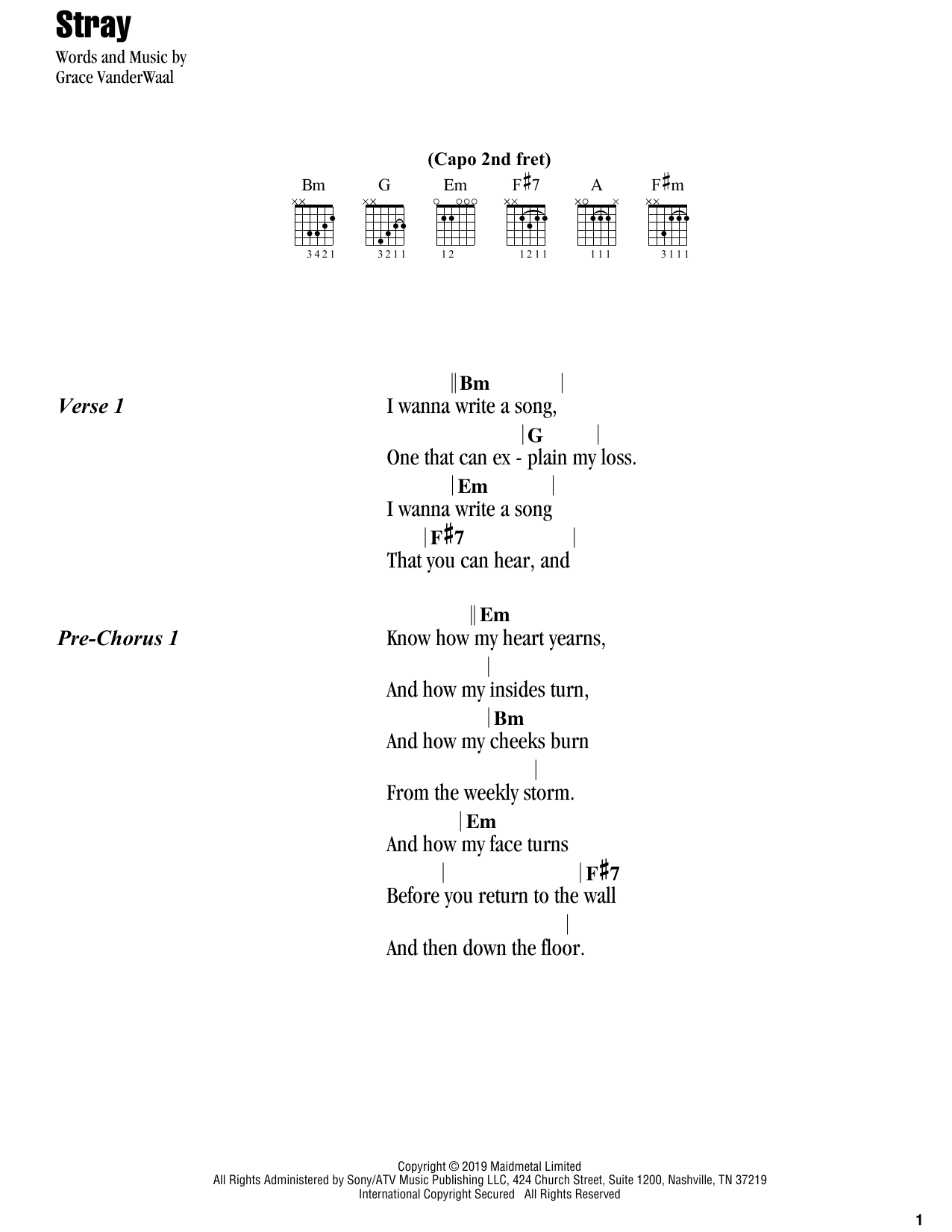 Grace VanderWaal Stray sheet music notes and chords arranged for Guitar Chords/Lyrics