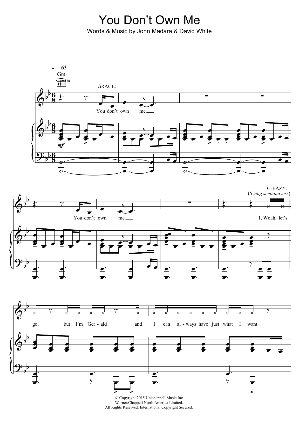 Learn to play Grace You Don't Own Me (feat. G-Eazy) sheet music for Piano, Vocal & Guitar Chords in minutes. Price: 7.8900$ Grace You Don't Own Me (feat. G-Eazy) sheet music notes and chords arranged for Piano, Vocal & Guitar Chords