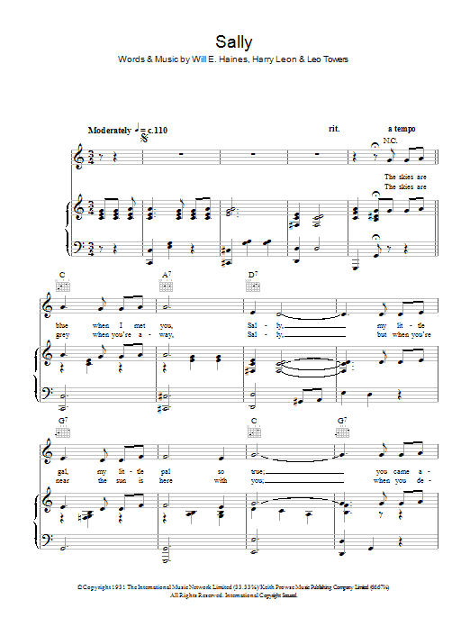 Learn to play Gracie Fields Sally sheet music for Piano, Vocal & Guitar Chords in minutes. Price: 7.8900$ Gracie Fields Sally sheet music notes and chords arranged for Piano, Vocal & Guitar Chords