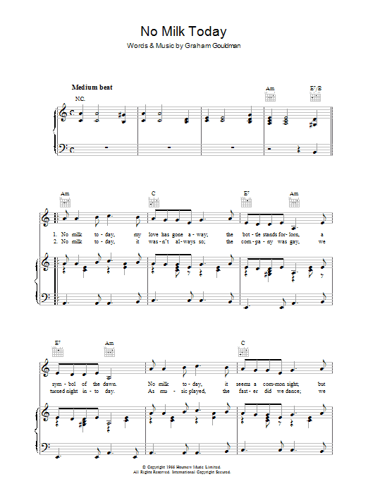 Graham Gouldman No Milk Today sheet music notes and chords. Download Printable PDF.