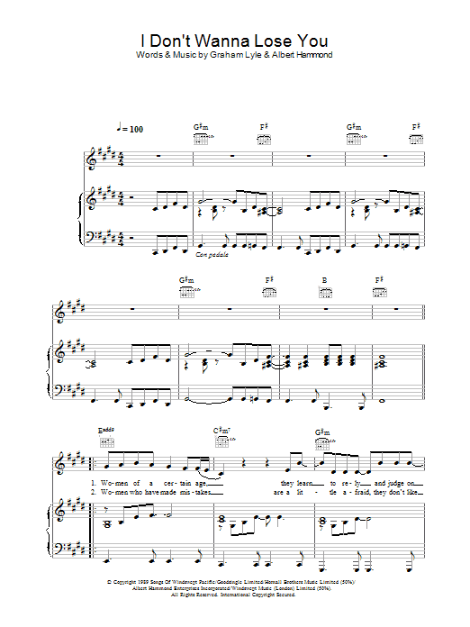 Learn to play Graham Lyle I Don't Wanna Lose You sheet music for Piano, Vocal & Guitar Chords in minutes. Price: 7.8900$ Graham Lyle I Don't Wanna Lose You sheet music notes and chords arranged for Piano, Vocal & Guitar Chords