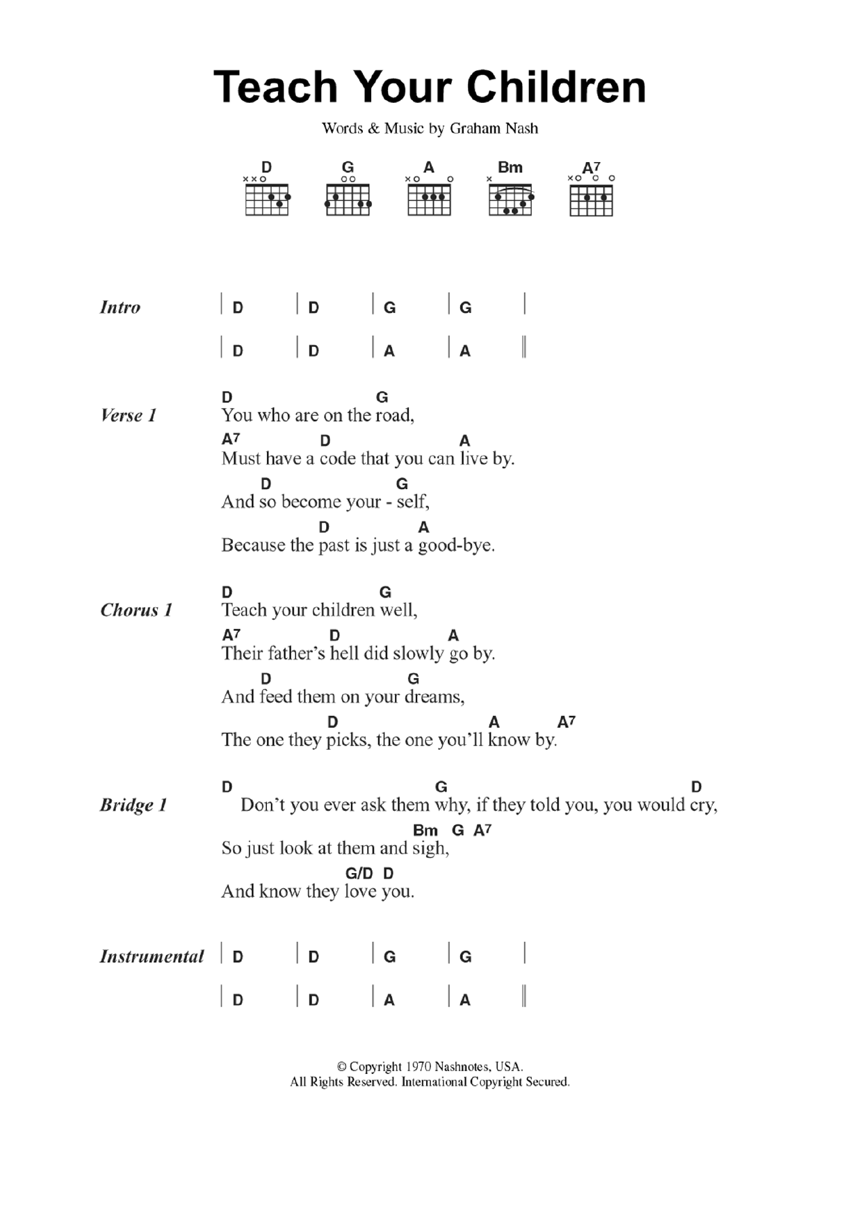 Crosby, Stills, Nash & Young Teach Your Children sheet music notes and chords arranged for Guitar Chords/Lyrics