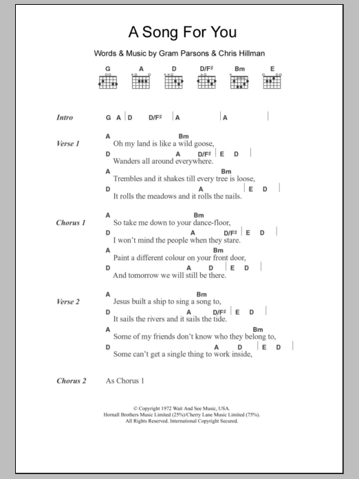 Gram Parsons A Song For You sheet music notes and chords. Download Printable PDF.