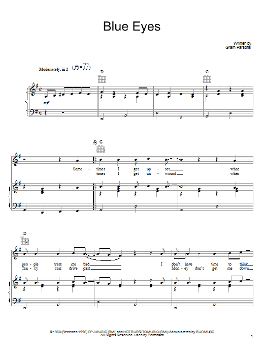 Learn to play Gram Parsons Blue Eyes sheet music for Piano, Vocal & Guitar Chords (Right-Hand Melody) in minutes. Price: 7.8900$ Gram Parsons Blue Eyes sheet music notes and chords arranged for Piano, Vocal & Guitar Chords (Right-Hand Melody)