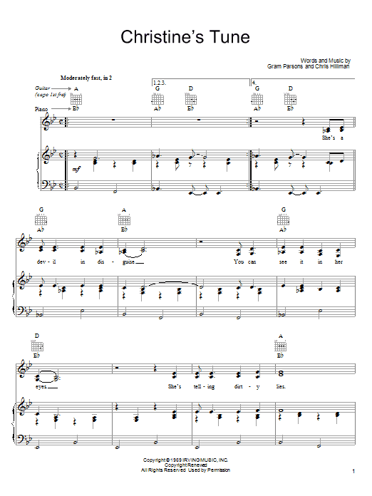 Learn to play Gram Parsons Christine's Tune sheet music for Piano, Vocal & Guitar Chords (Right-Hand Melody) in minutes. Price: 7.8900$ Gram Parsons Christine's Tune sheet music notes and chords arranged for Piano, Vocal & Guitar Chords (Right-Hand Melody)