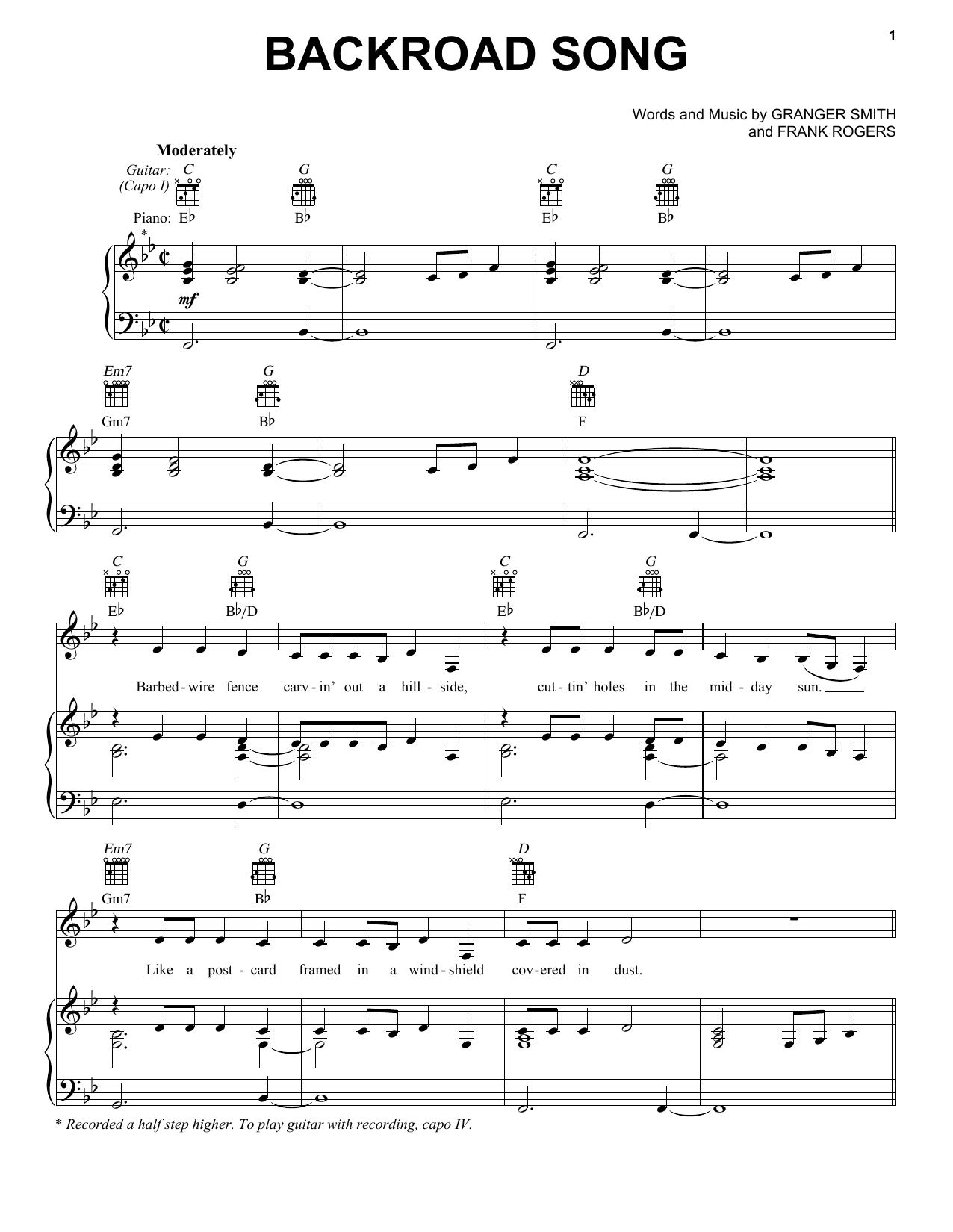 Learn to play Granger Smith Backroad Song sheet music for Piano, Vocal & Guitar Chords (Right-Hand Melody) in minutes. Price: 7.8900$ Granger Smith Backroad Song sheet music notes and chords arranged for Piano, Vocal & Guitar Chords (Right-Hand Melody)