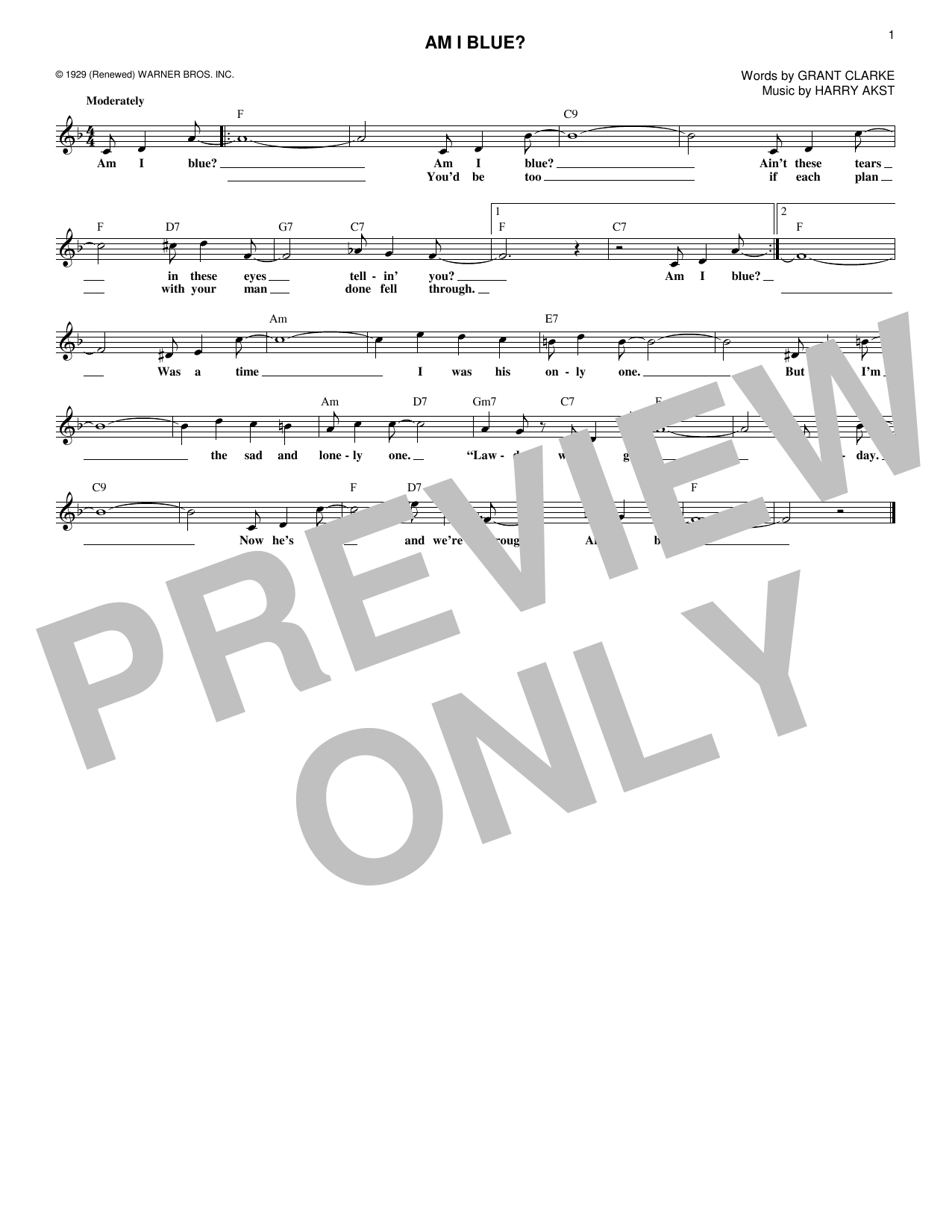Learn to play Grant Clarke Am I Blue? sheet music for Lead Sheet / Fake Book in minutes. Price: 5.9900$ Grant Clarke Am I Blue? sheet music notes and chords arranged for Lead Sheet / Fake Book