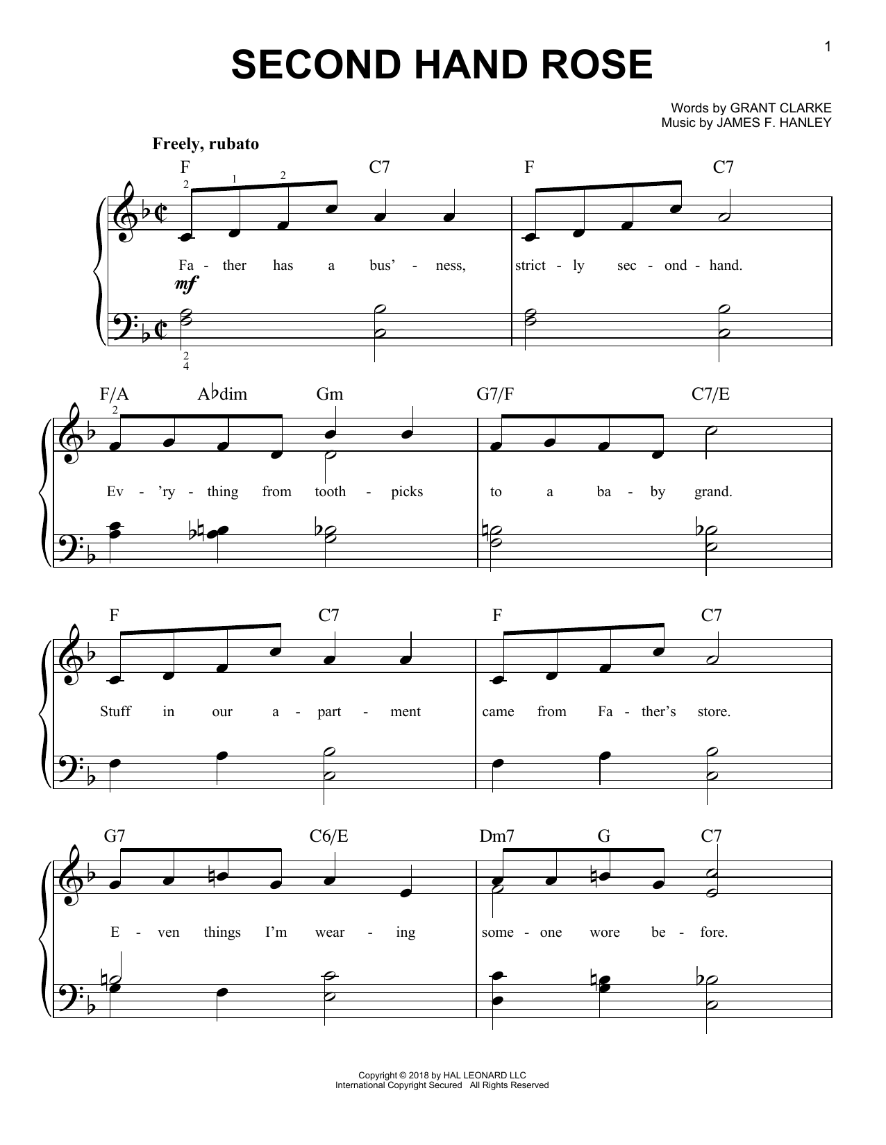 Learn to play Grant Clarke Second Hand Rose sheet music for Easy Piano in minutes. Price: 6.9900$ Grant Clarke Second Hand Rose sheet music notes and chords arranged for Easy Piano
