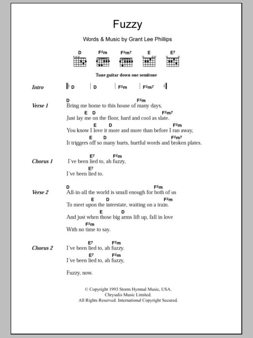 Learn to play Grant Lee Buffalo Fuzzy sheet music for Guitar Chords/Lyrics in minutes. Price: 4.4900$ Grant Lee Buffalo Fuzzy sheet music notes and chords arranged for Guitar Chords/Lyrics