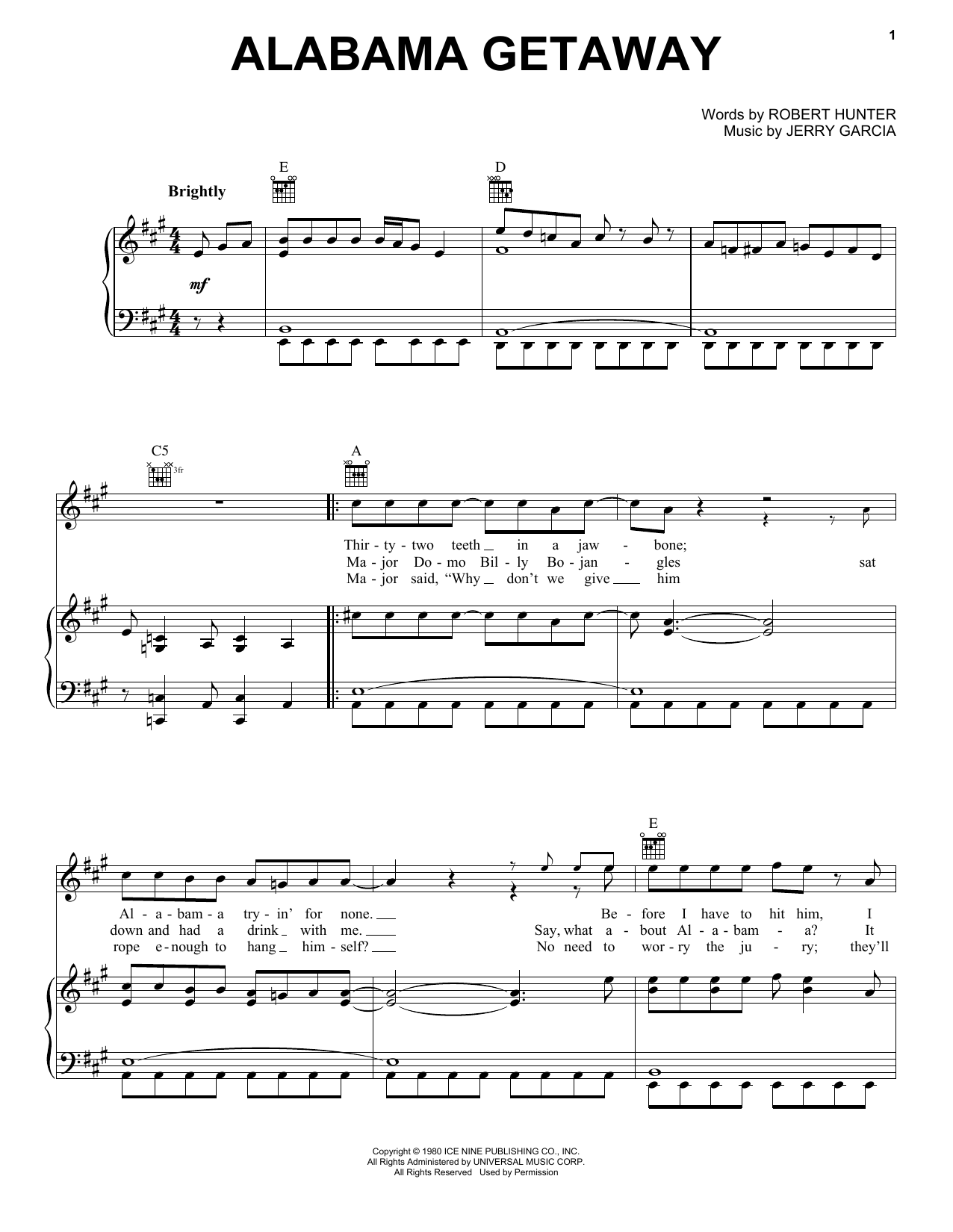 Learn to play Grateful Dead Alabama Getaway sheet music for Piano, Vocal & Guitar Chords (Right-Hand Melody) in minutes. Price: 7.8900$ Grateful Dead Alabama Getaway sheet music notes and chords arranged for Piano, Vocal & Guitar Chords (Right-Hand Melody)