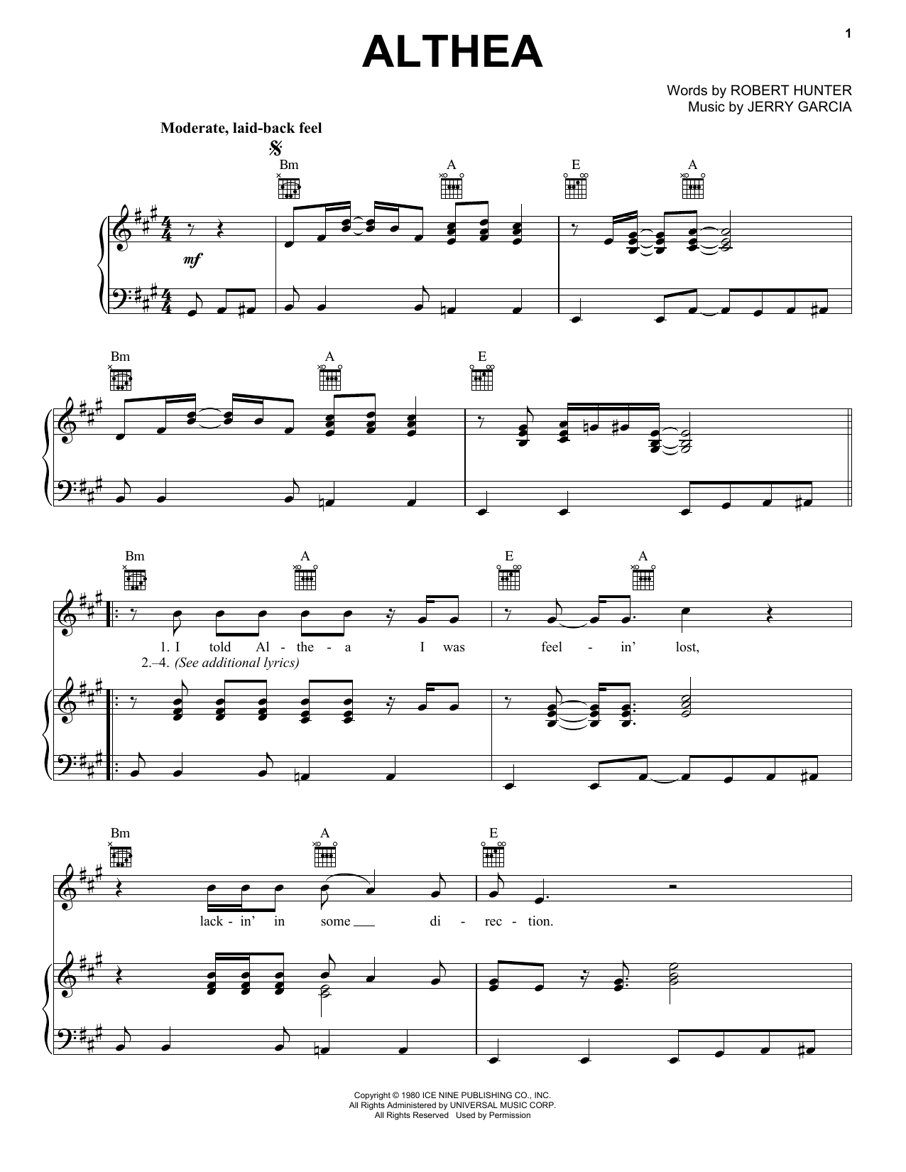 Grateful Dead Althea sheet music notes and chords. Download Printable PDF.