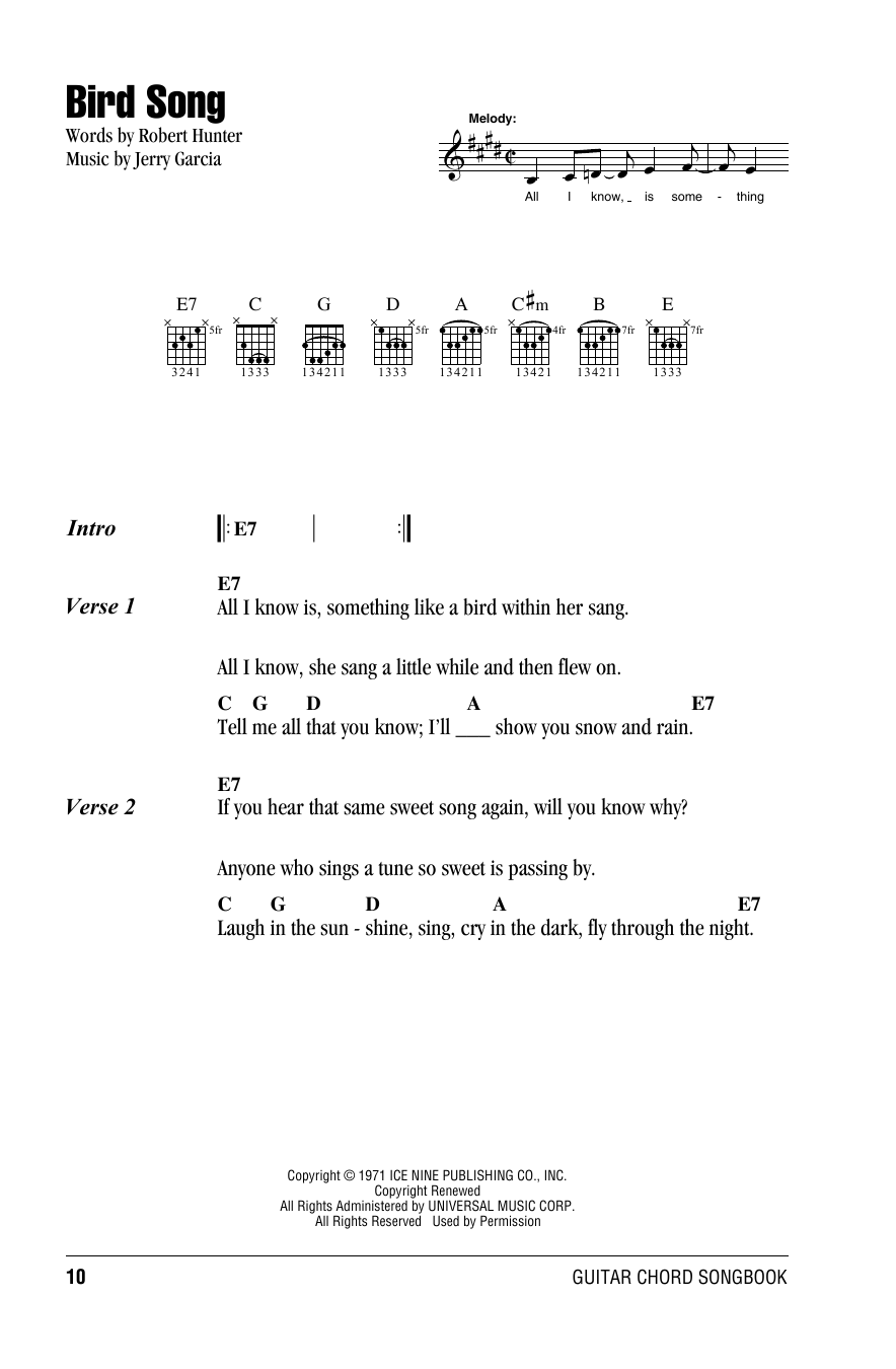 Grateful Dead Bird Song sheet music notes and chords. Download Printable PDF.