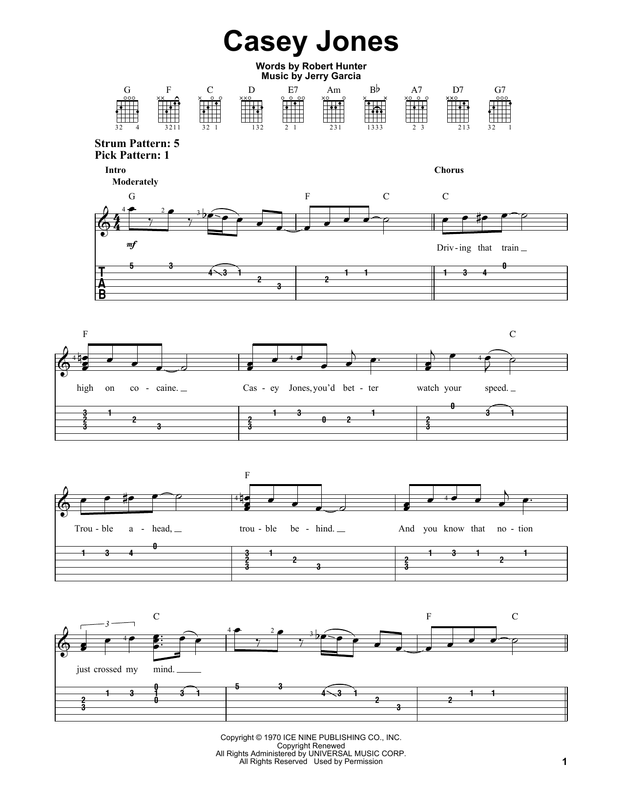 Grateful Dead Casey Jones sheet music notes and chords. Download Printable PDF.