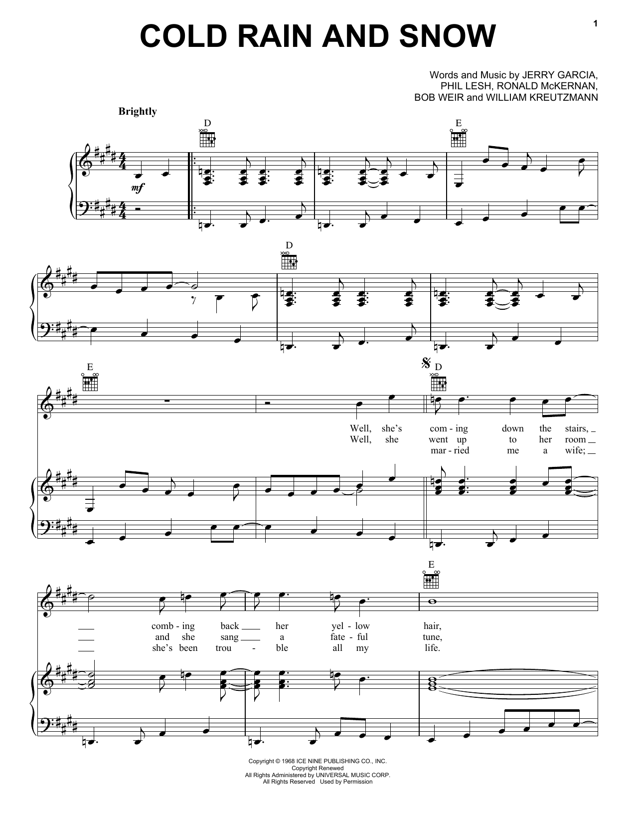 Grateful Dead Cold Rain And Snow sheet music notes and chords. Download Printable PDF.