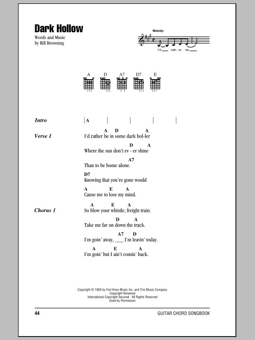 Grateful Dead Dark Hollow sheet music notes and chords. Download Printable PDF.