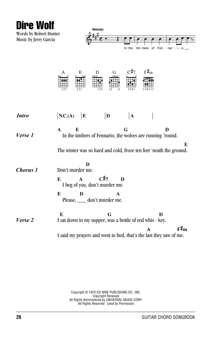 Grateful Dead Dire Wolf sheet music notes and chords. Download Printable PDF.