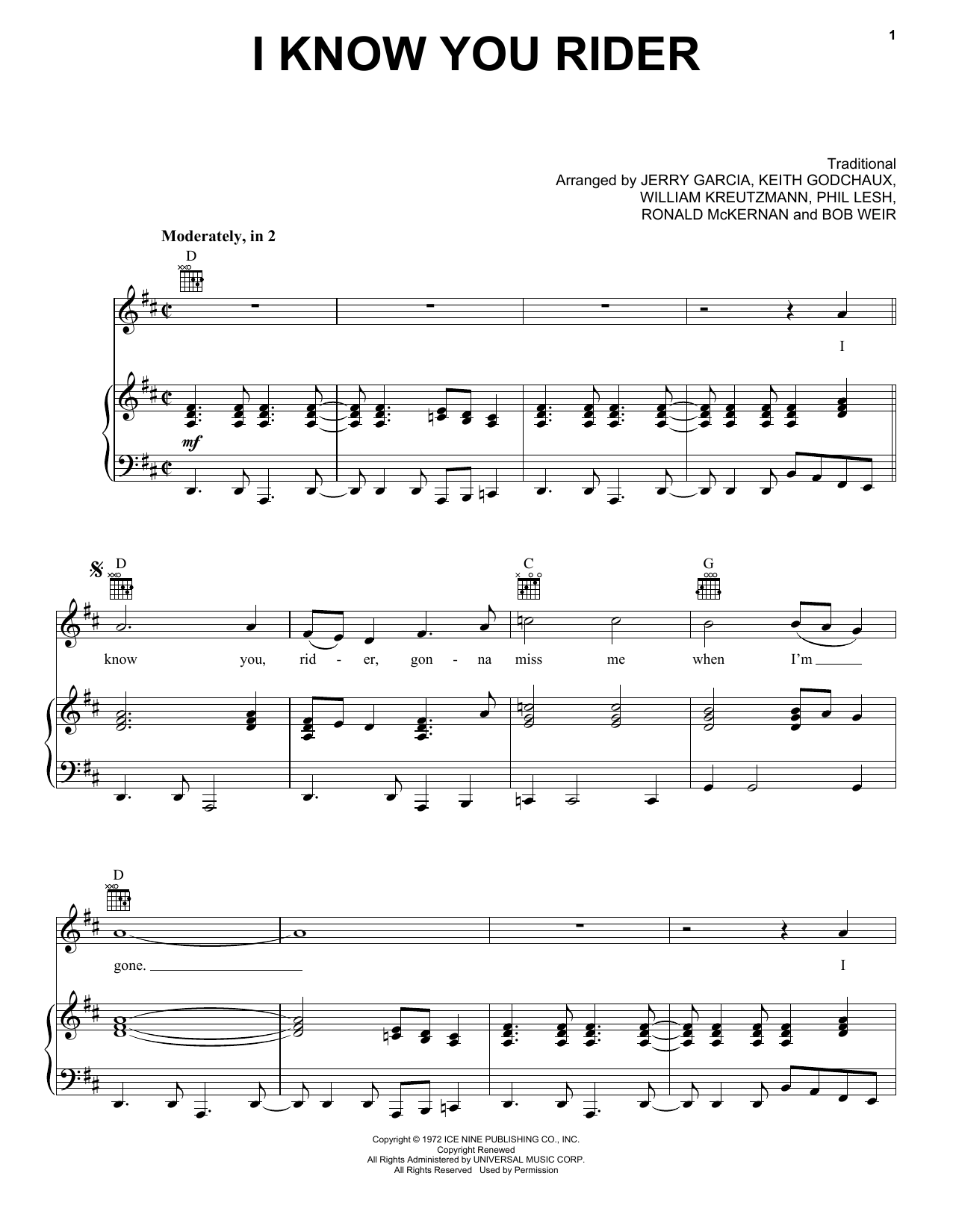 Grateful Dead I Know You Rider sheet music notes and chords. Download Printable PDF.