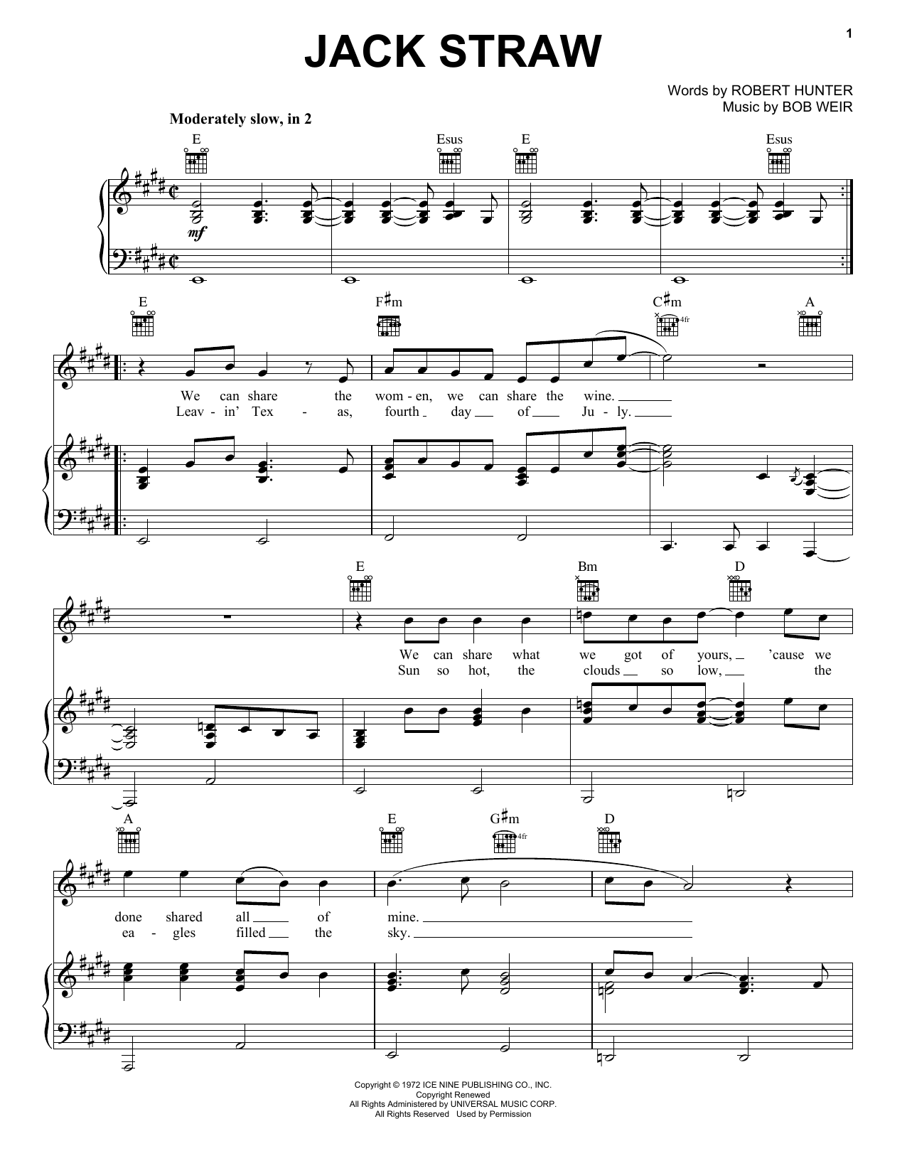 Grateful Dead Jack Straw sheet music notes and chords. Download Printable PDF.