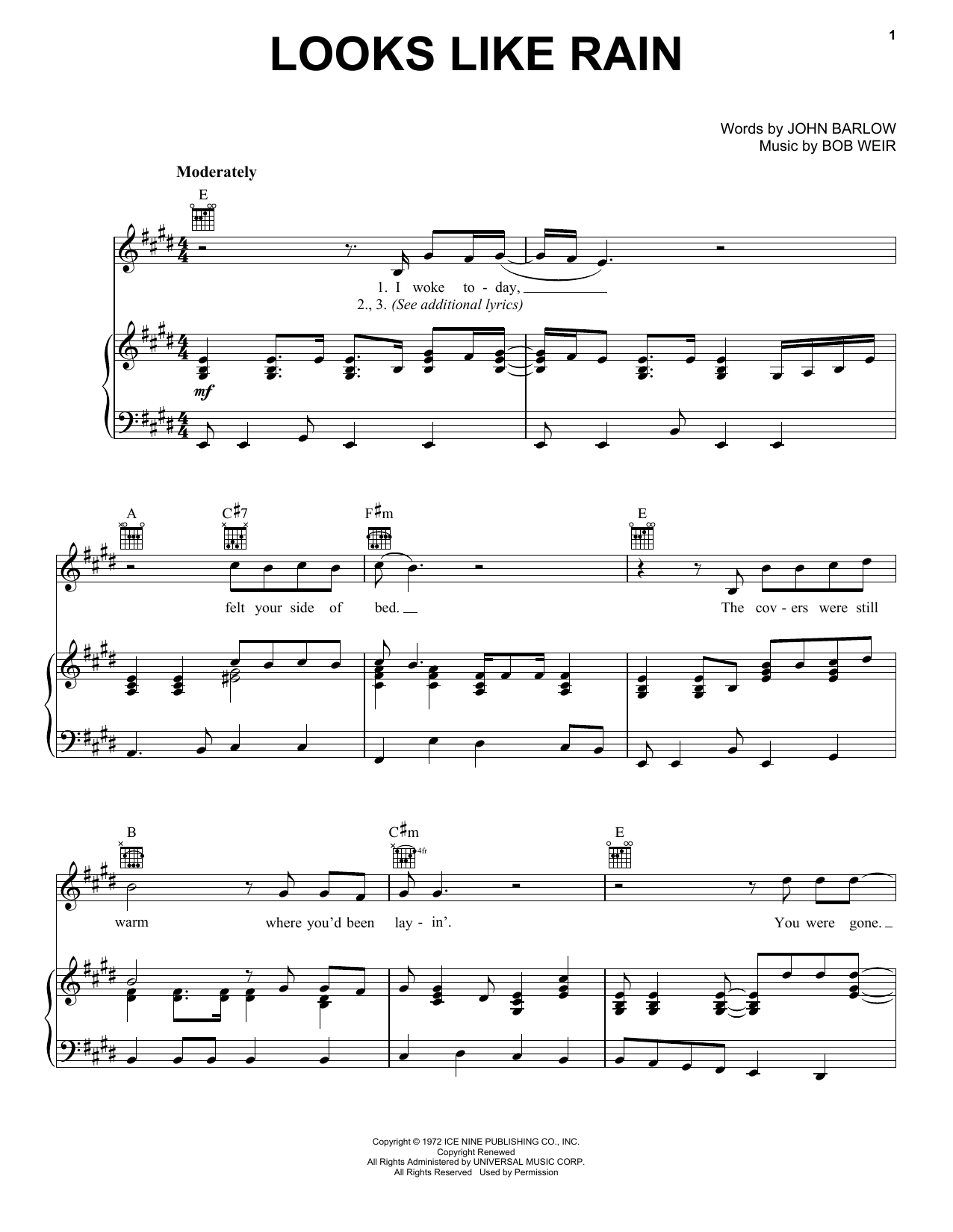 Learn to play Grateful Dead Looks Like Rain sheet music for Piano, Vocal & Guitar Chords (Right-Hand Melody) in minutes. Price: 7.8900$ Grateful Dead Looks Like Rain sheet music notes and chords arranged for Piano, Vocal & Guitar Chords (Right-Hand Melody)