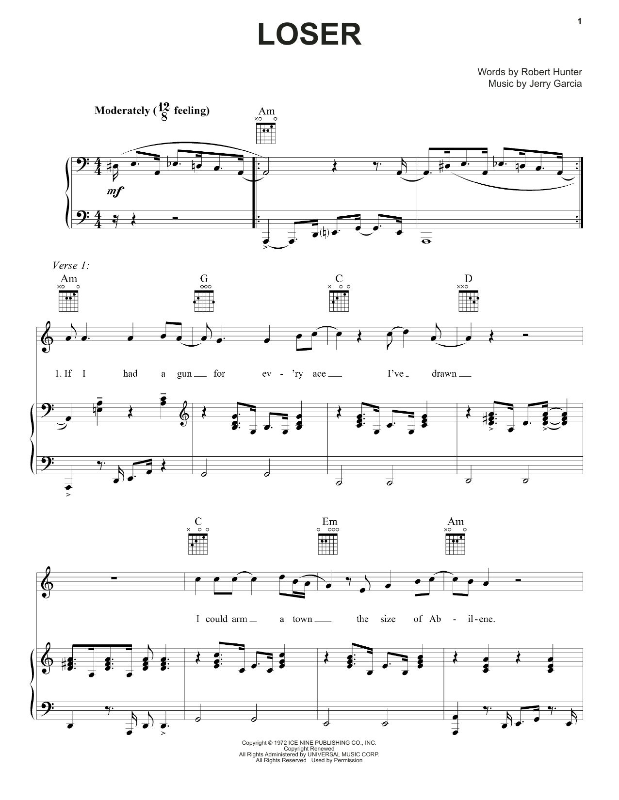 Grateful Dead Loser sheet music notes and chords. Download Printable PDF.