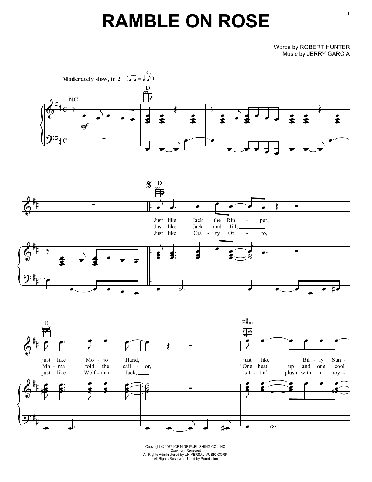 Grateful Dead Ramble On Rose sheet music notes and chords. Download Printable PDF.