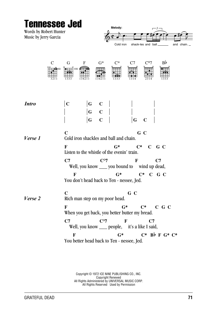Learn to play Grateful Dead Tennessee Jed sheet music for Guitar Chords/Lyrics in minutes. Price: 4.4900$ Grateful Dead Tennessee Jed sheet music notes and chords arranged for Guitar Chords/Lyrics