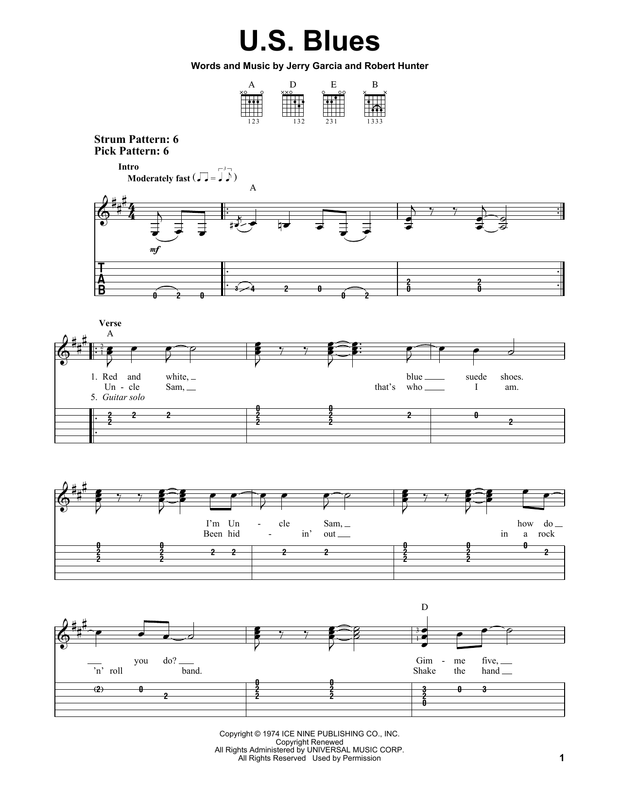 Grateful Dead U.S. Blues sheet music notes and chords. Download Printable PDF.