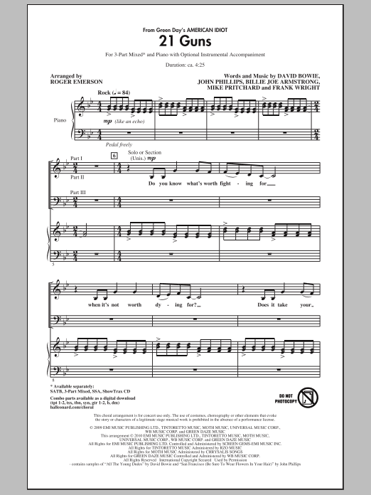 Roger Emerson 21 Guns (from Green Day's American Idiot) sheet music notes and chords. Download Printable PDF.