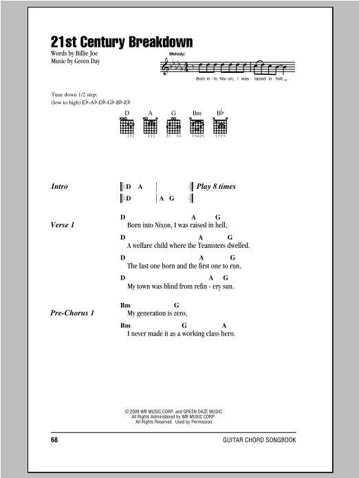 Green Day 21st Century Breakdown sheet music notes and chords. Download Printable PDF.