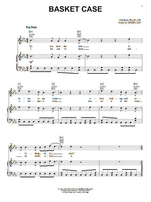 Green Day Basket Case sheet music notes and chords. Download Printable PDF.