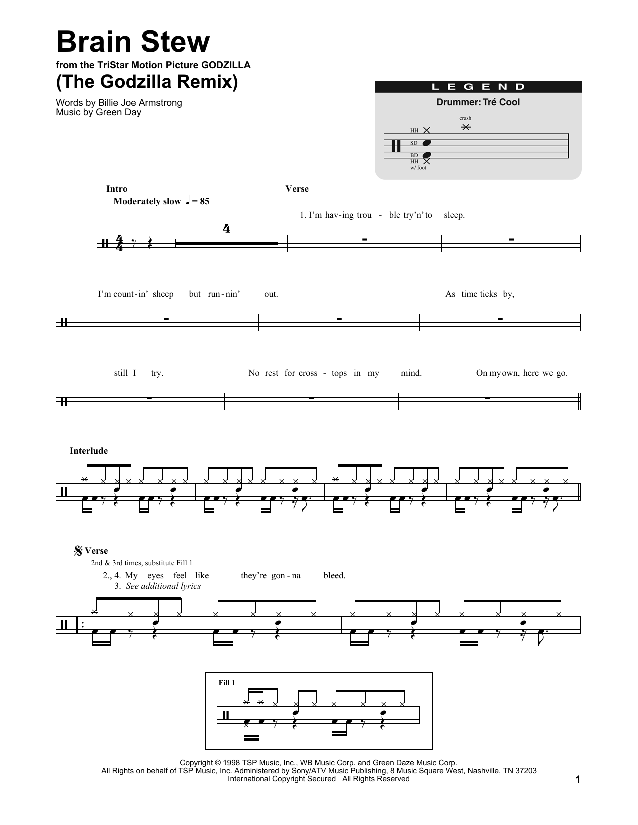 Green Day Brain Stew (The Godzilla Remix) sheet music notes and chords. Download Printable PDF.