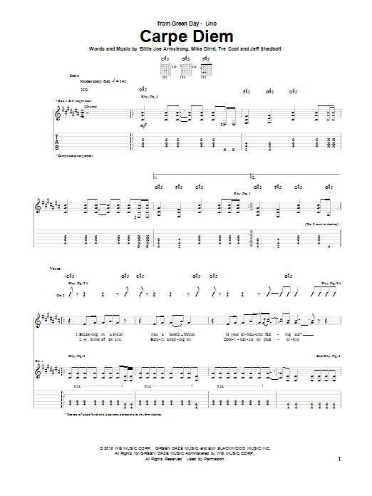 Learn to play Green Day Carpe Diem sheet music for Guitar Tab in minutes. Price: 7.8900$ Green Day Carpe Diem sheet music notes and chords arranged for Guitar Tab