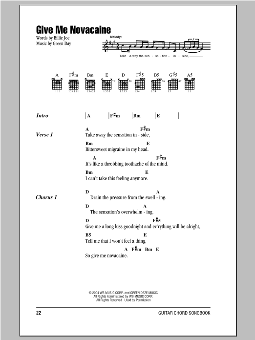 Green Day Give Me Novacaine sheet music notes and chords. Download Printable PDF.